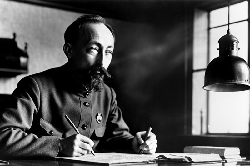 03023-2539410372-5302-Dzerzhinsky working at table with documents , cigarettes, (ashtray_1.3), table, desk lamp.png